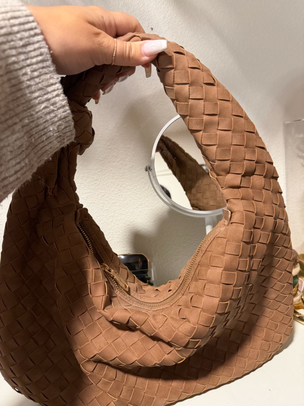 Woven Suede Hobo Bag - Tan